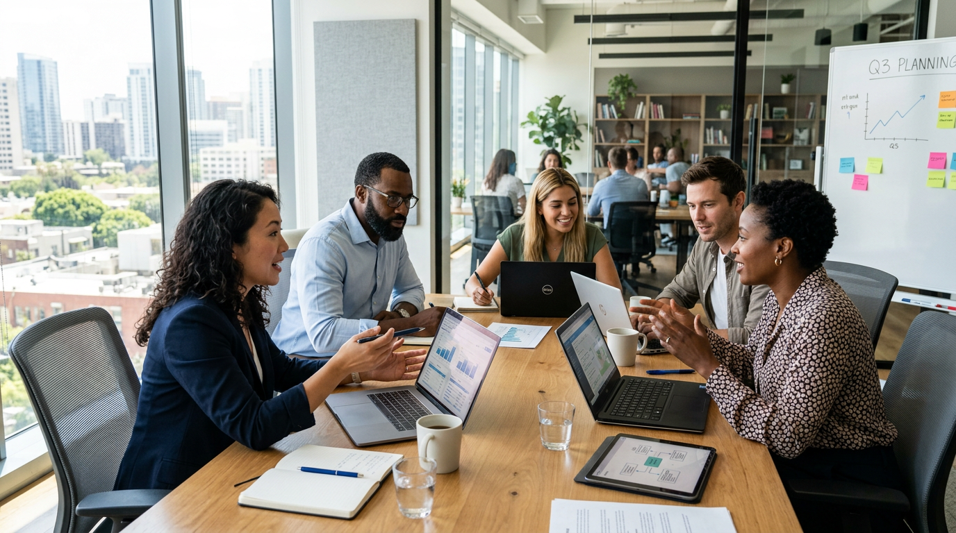 Diverse team collaborating around a table