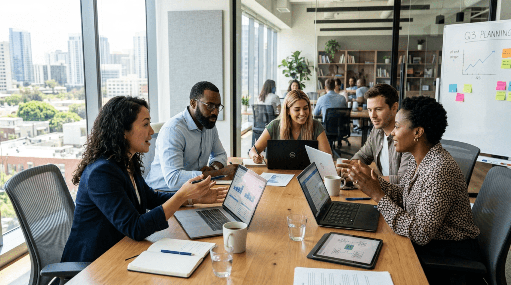 Five professionals collaborating around a table with laptops and documents