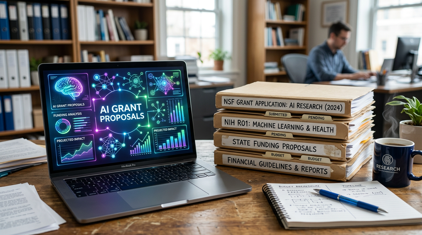 Laptop with AI grant proposals and stacked folders