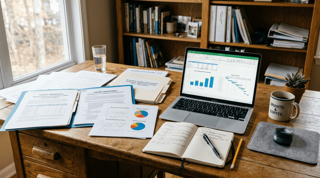 Wooden desk with grant proposals, charts, laptop displaying graphs, open notebook, coffee mug reading 'Grants & Coffee', glass of water, and potted plant